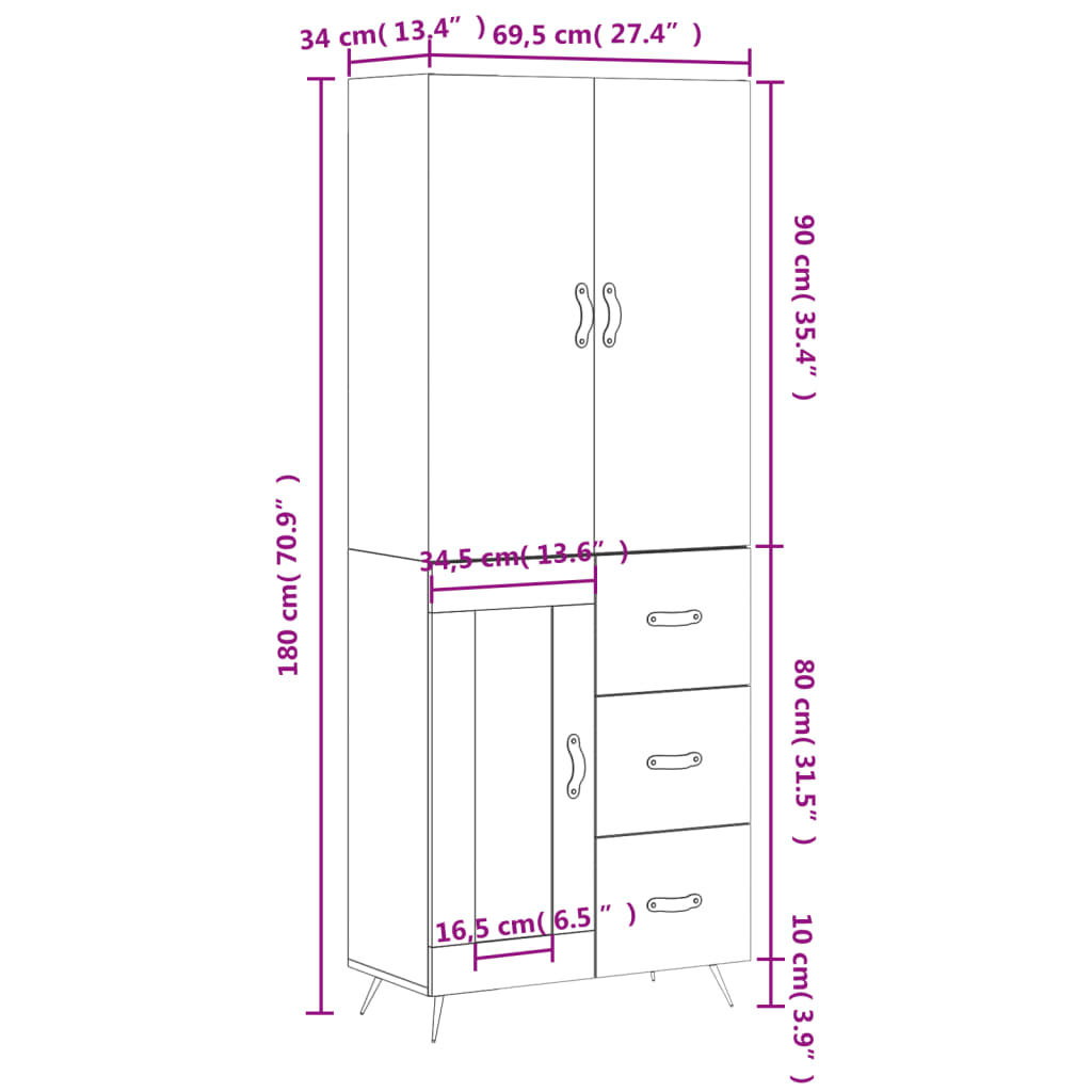 vidaXL Highboard hvit 69,5x34x180 cm konstruert tre