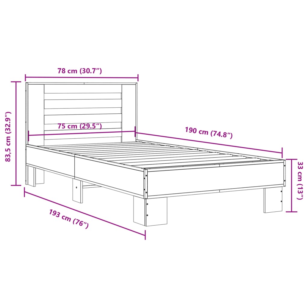 vidaXL Sengeramme svart 75x190 cm konstruert tre og metall