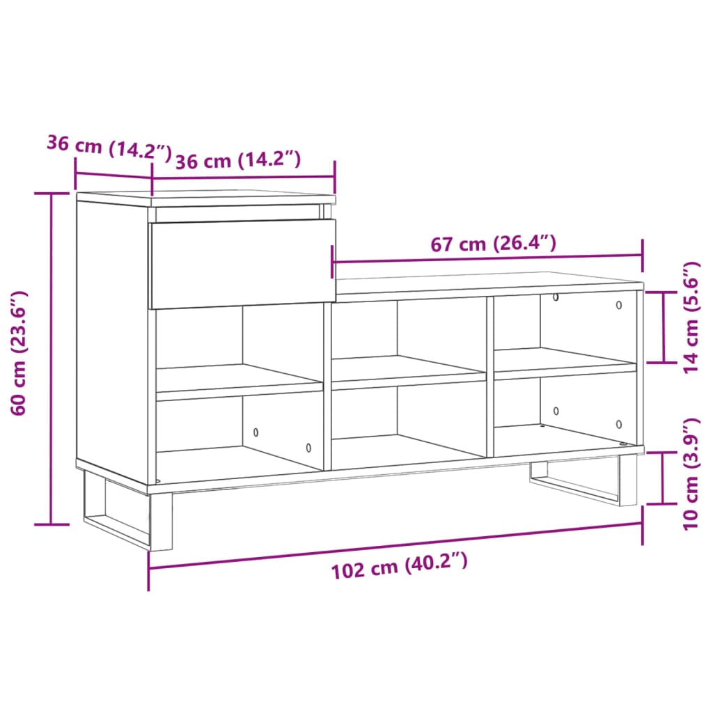 vidaXL Skoskap høyglans hvit 102x36x60 cm konstruert tre