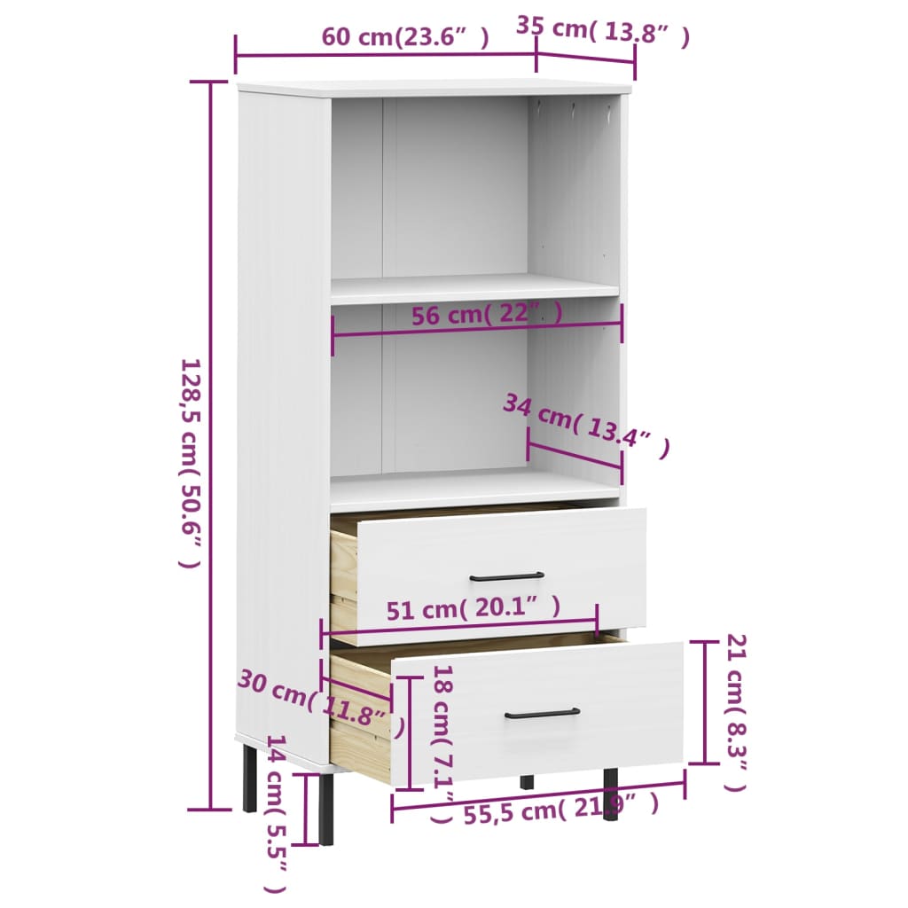 vidaXL Bokhylle med 2 skuffer hvit 60x35x128,5 cm heltre OSLO