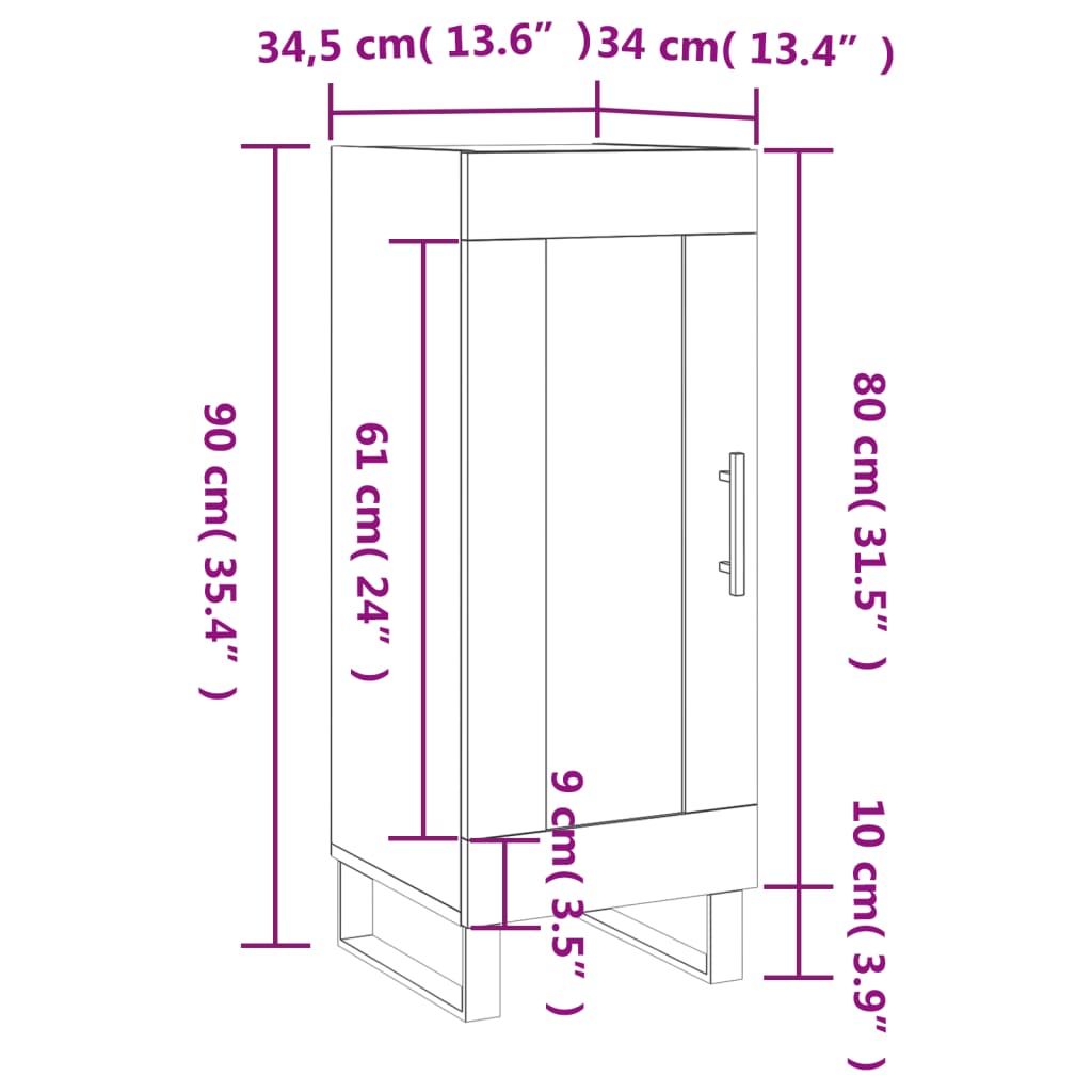 vidaXL Skjenk hvit 34,5x34x90 cm konstruert tre