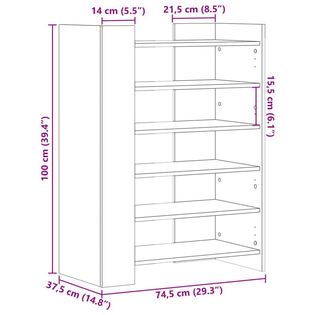 vidaXL Skohylle sonoma eik 74,5x37,5x100 cm konstruert tre