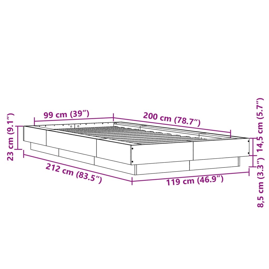 vidaXL Sengeramme betonggrå 100x200 cm konstruert tre