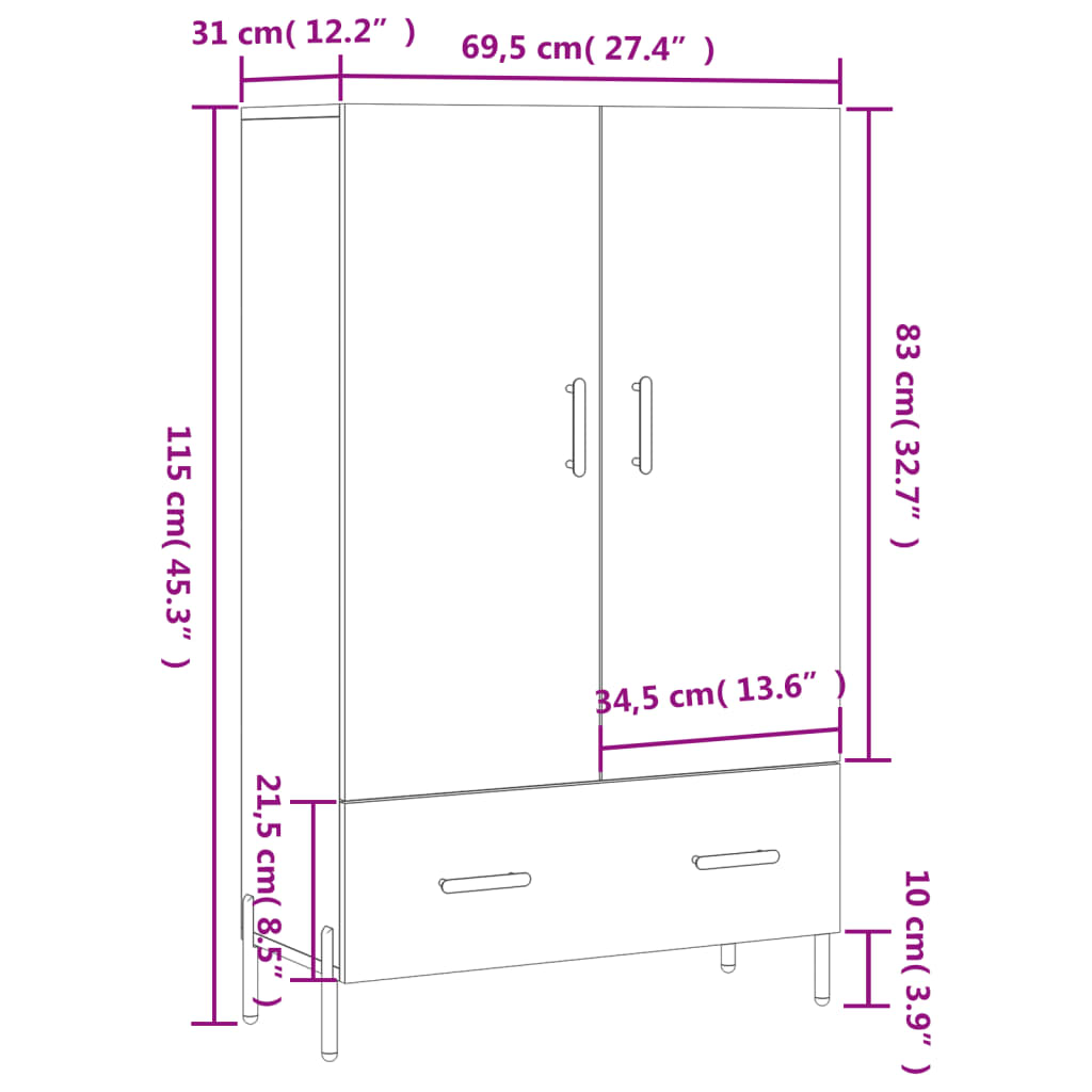 vidaXL Highboard brun eik 69,5x31x115 cm konstruert tre