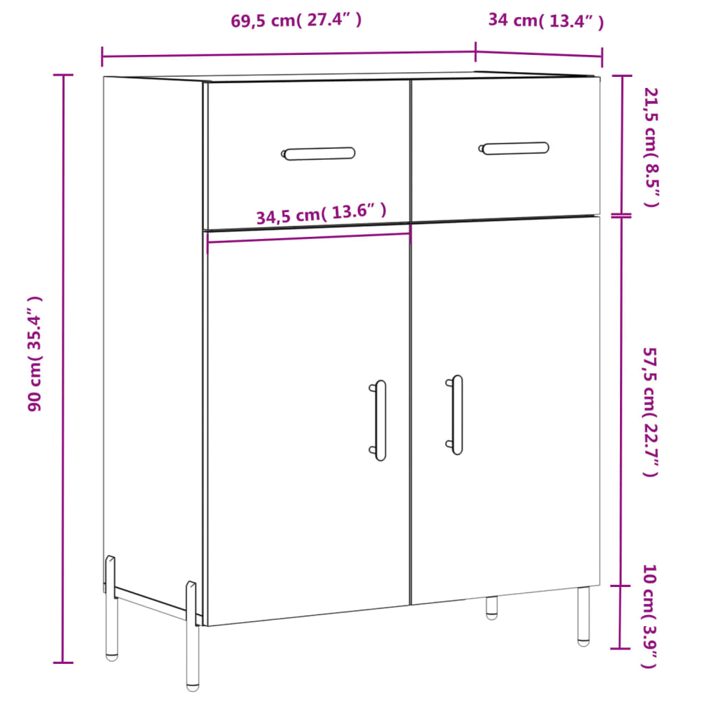 vidaXL Skjenk høyglans hvit 69,5x34x90 cm konstruert tre