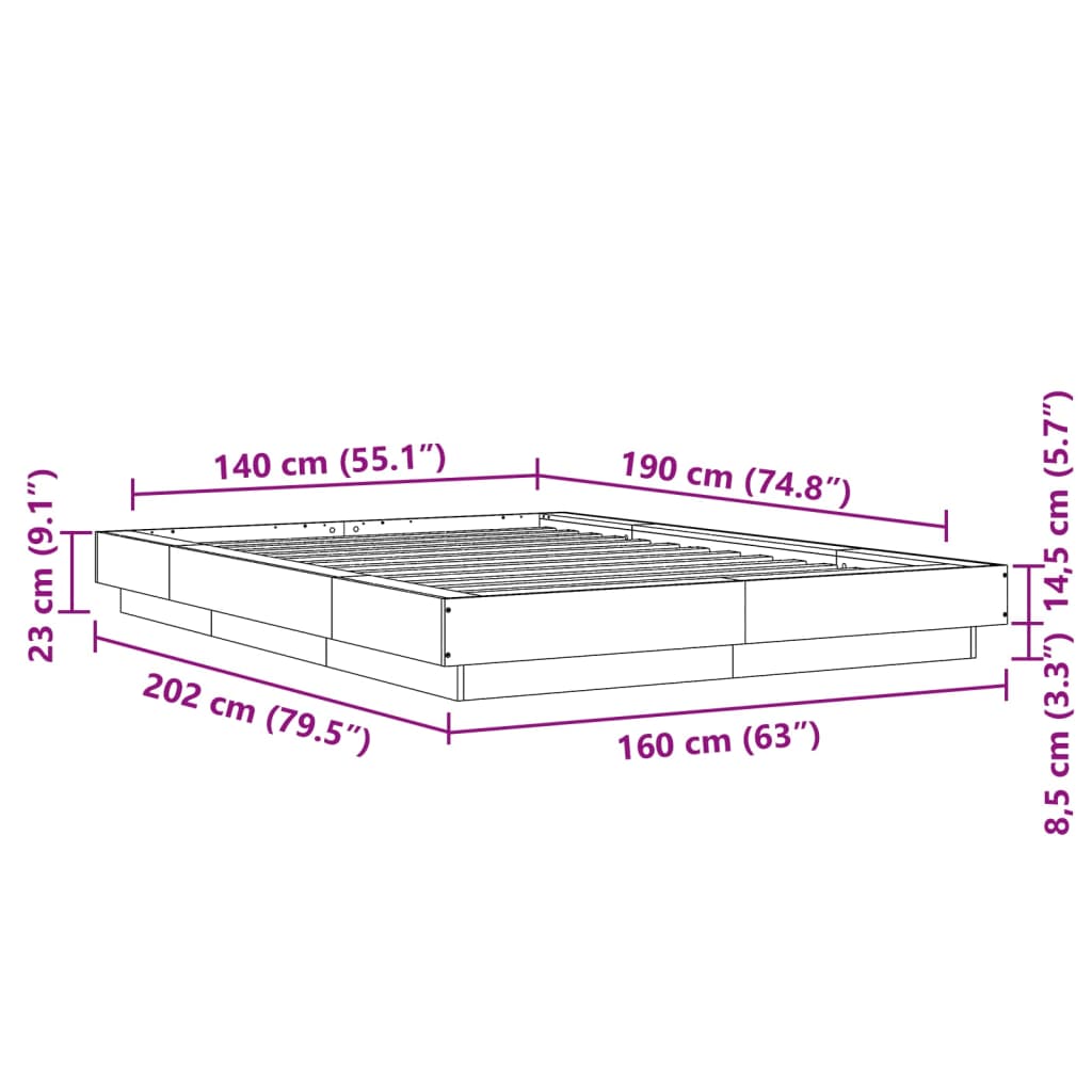 vidaXL Sengeramme med LED-lys betonggrå 140x190 cm konstruert tre