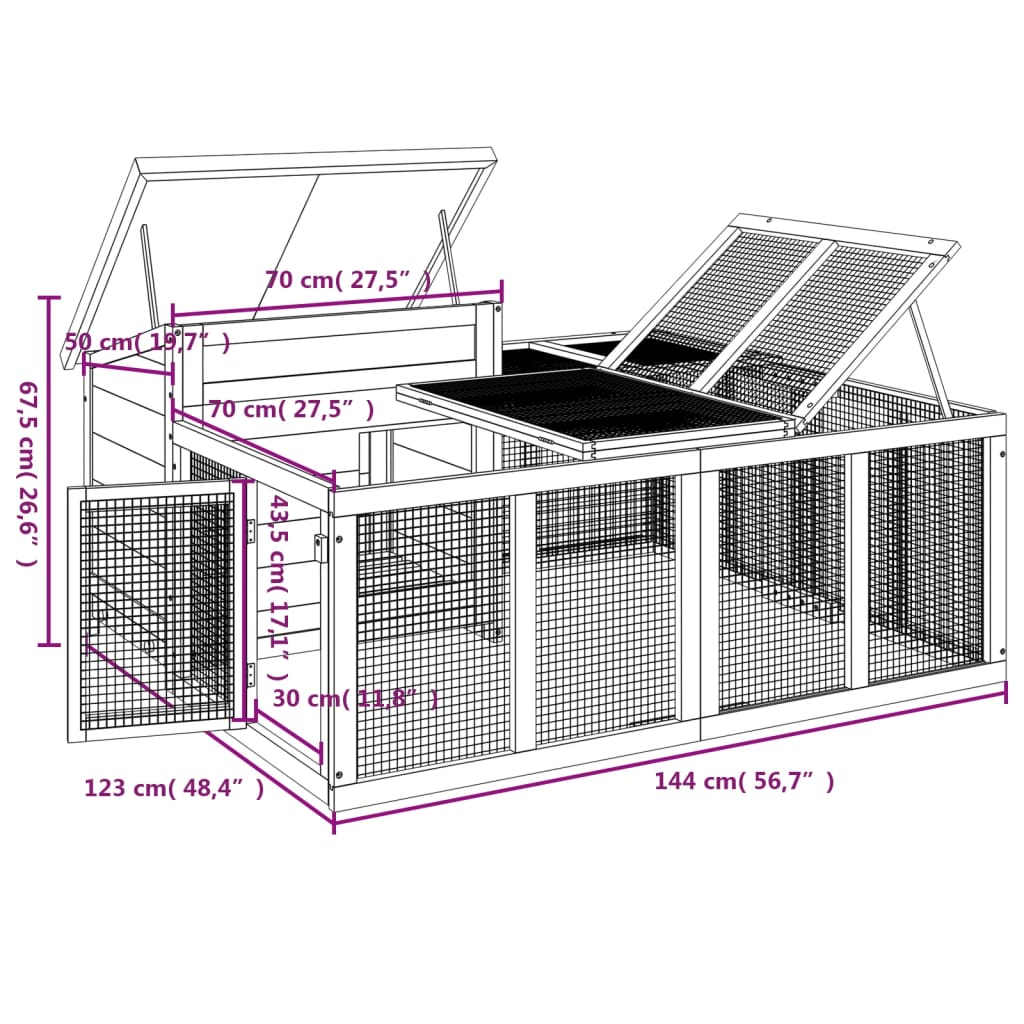 vidaXL Kaninbur mocca 144x123x67,5 cm heltre furu