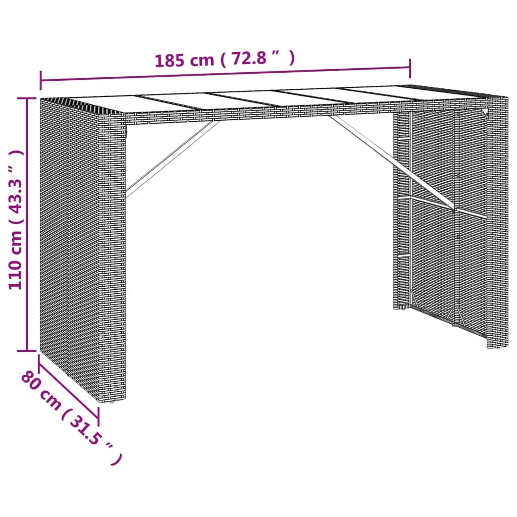 vidaXL Barbord med glassplate svart 185x80x110 cm polyrotting