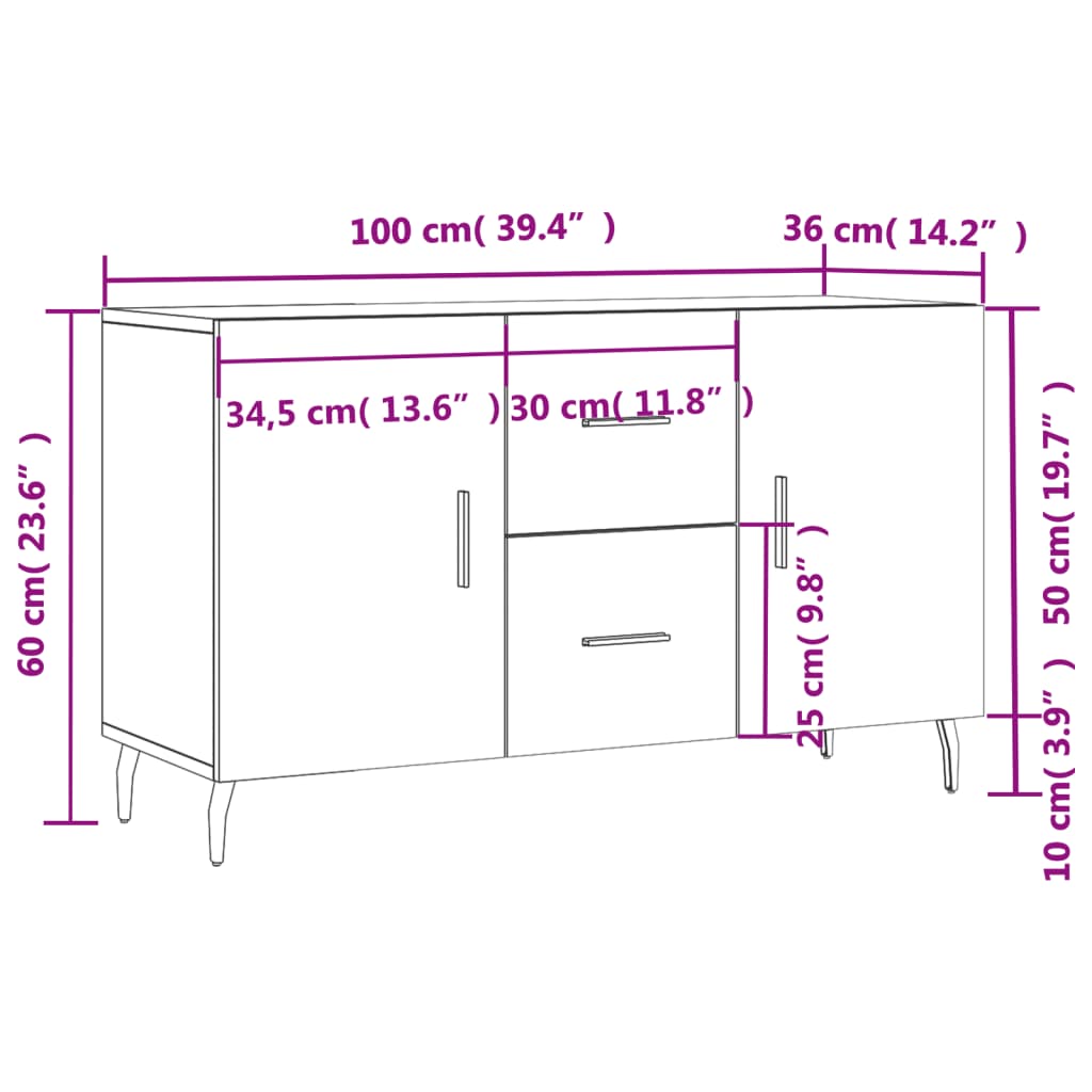 vidaXL Skjenk høyglans hvit 100x36x60 cm konstruert tre