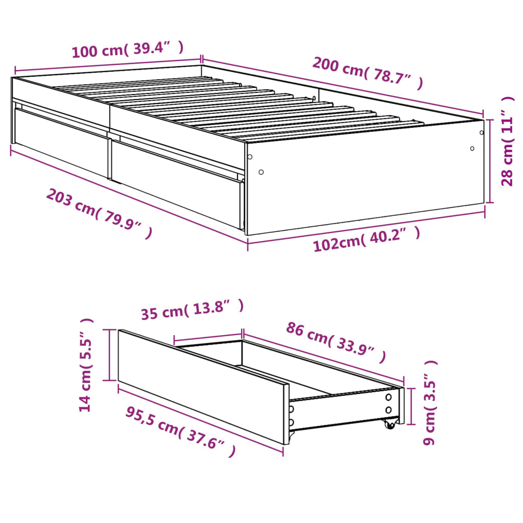 vidaXL Sengeramme med skuffer betonggrå 100x200 cm konstruert tre