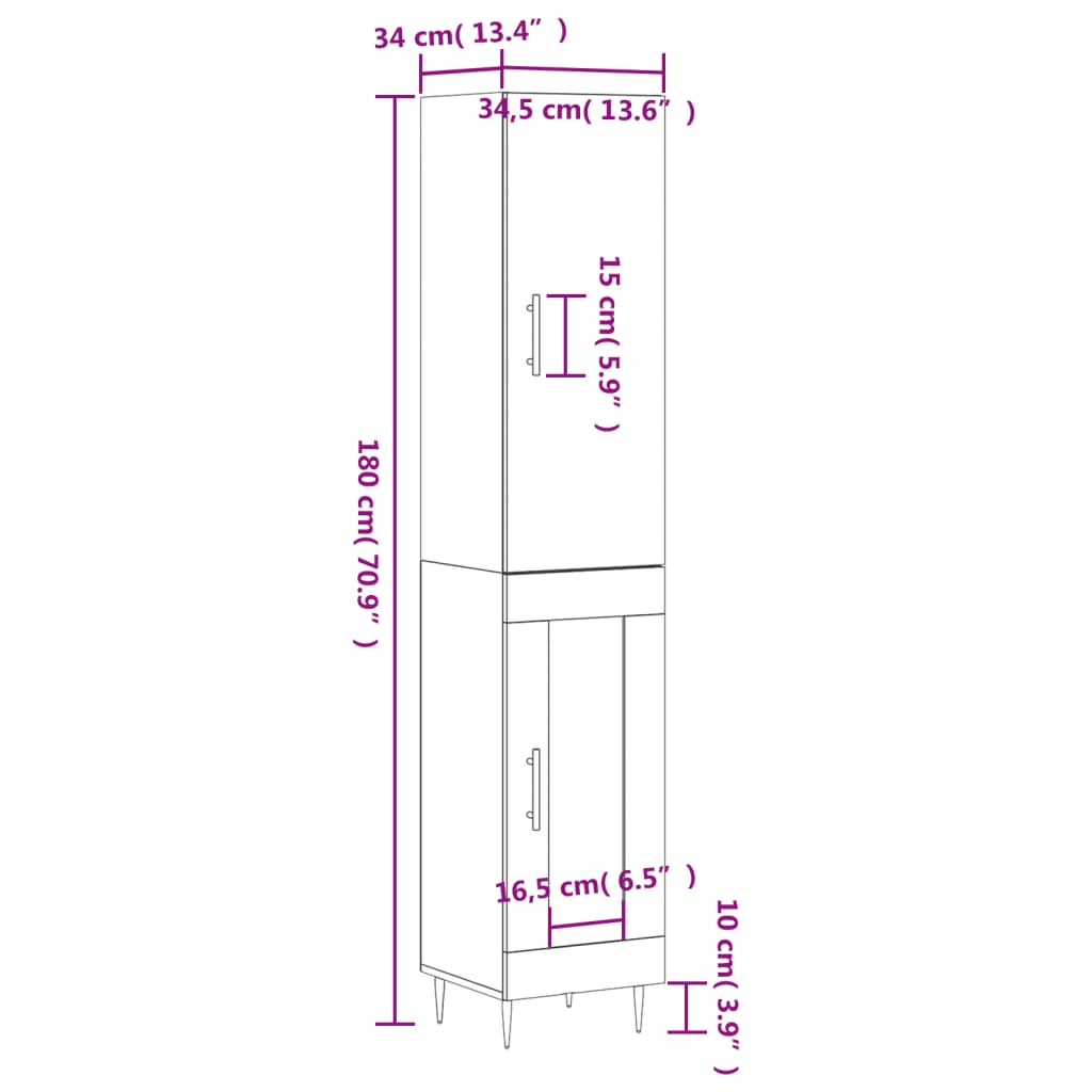 vidaXL Highboard høyglans hvit 34,5x34x180 cm konstruert tre