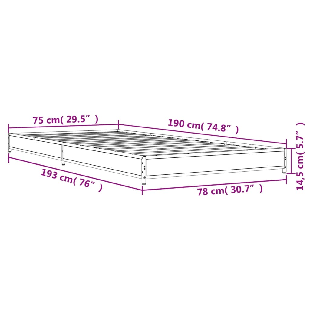 vidaXL Sengeramme grå sonoma 75x190 cm konstruert tre og metall