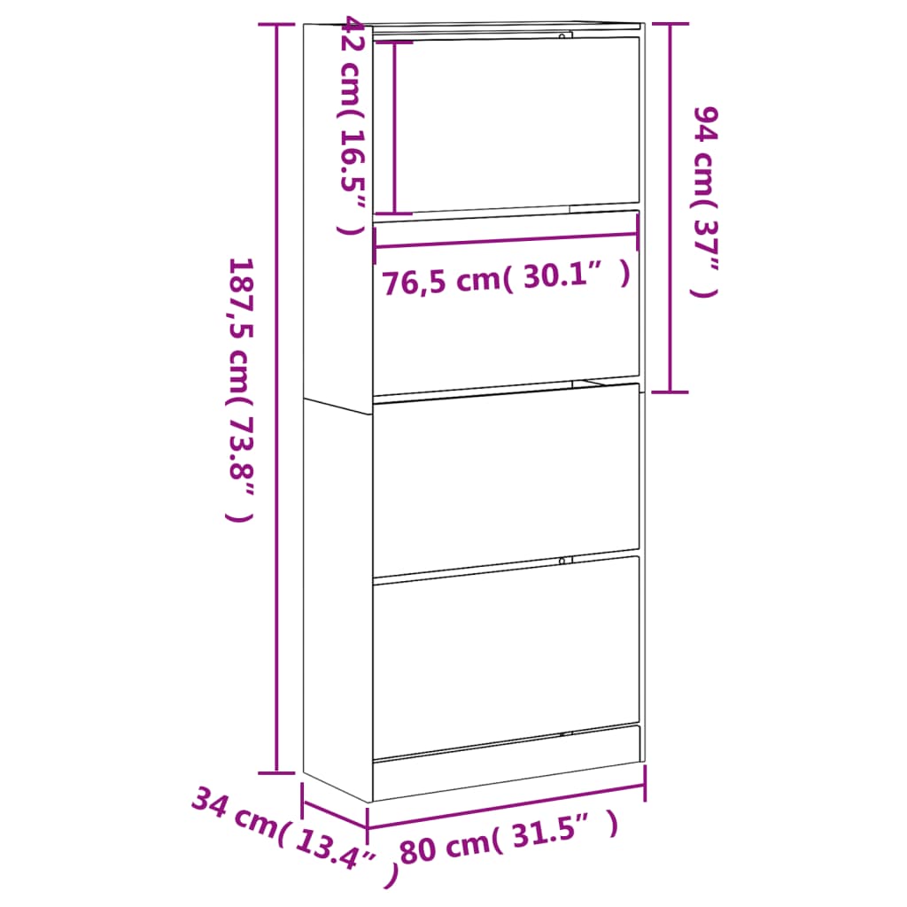 vidaXL Skoskap med 4 vippeskuffer sonoma eik 80x34x187,5 cm