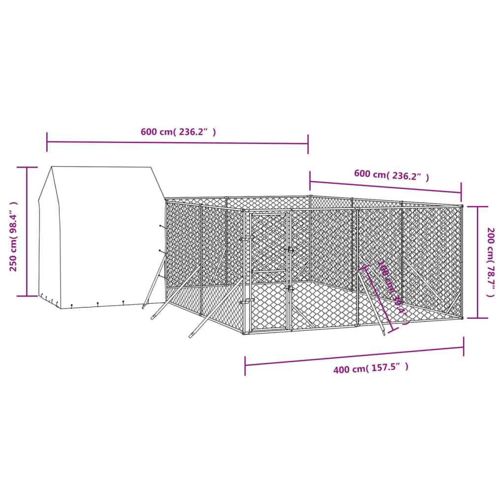 vidaXL Utendørs hundekennel sølv 6x6x2,5 m galvanisert stål