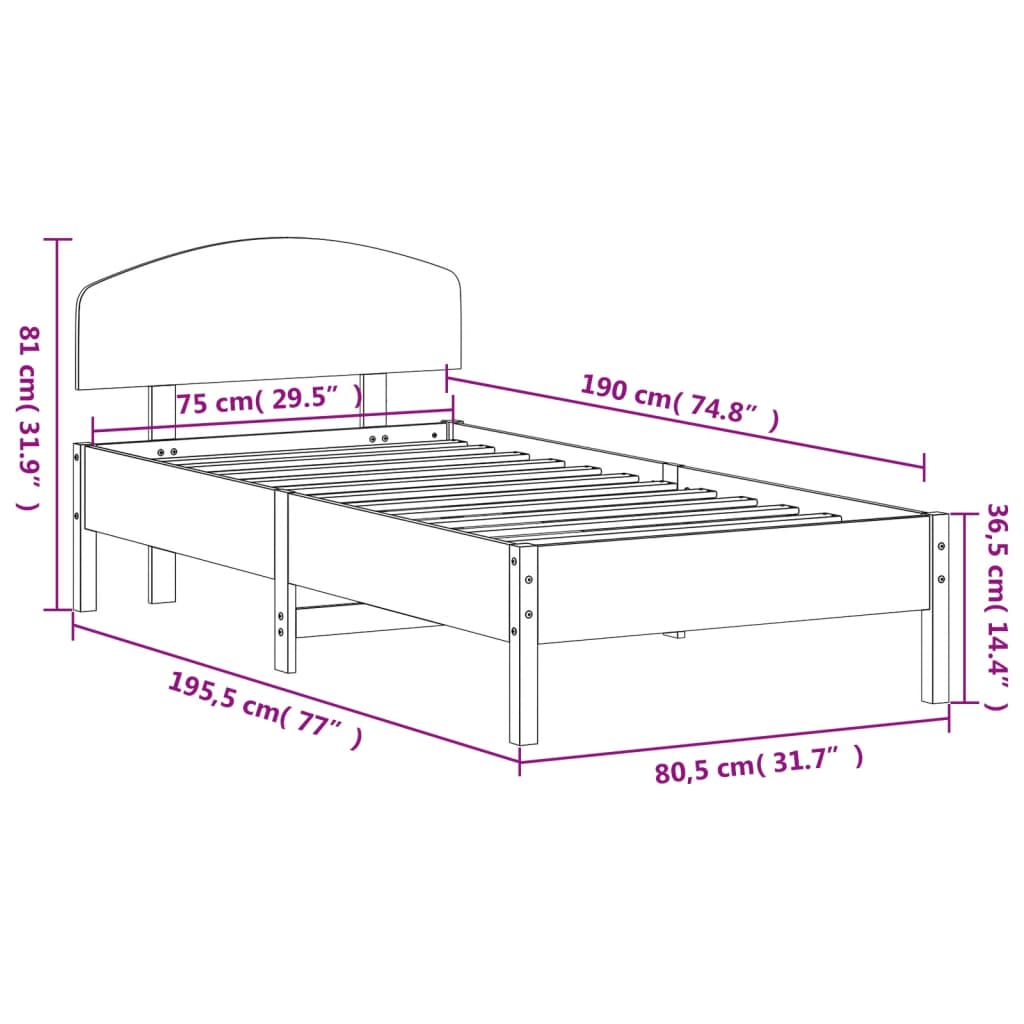 vidaXL Sengeramme uten madrass 75x190 cm heltre furu