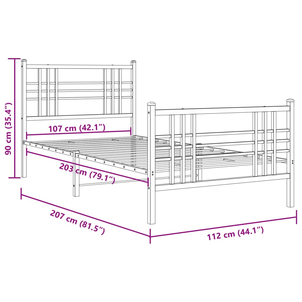 vidaXL Sengeramme i metall med hode- og fotgavl hvit 107x203 cm