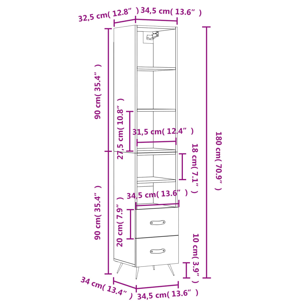 vidaXL Highboard svart 34,5x34x180 cm konstruert tre