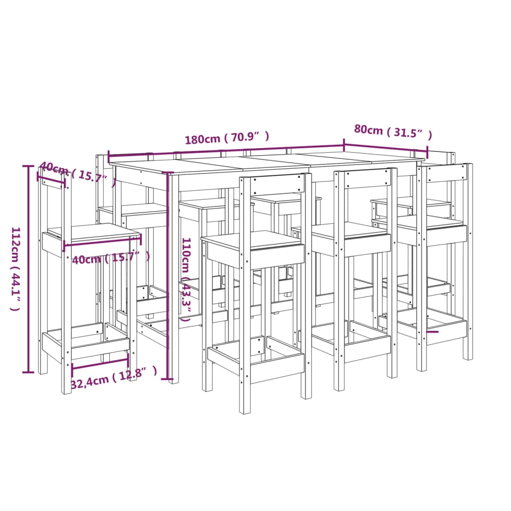 vidaXL Barsett 9 deler hvit heltre furu