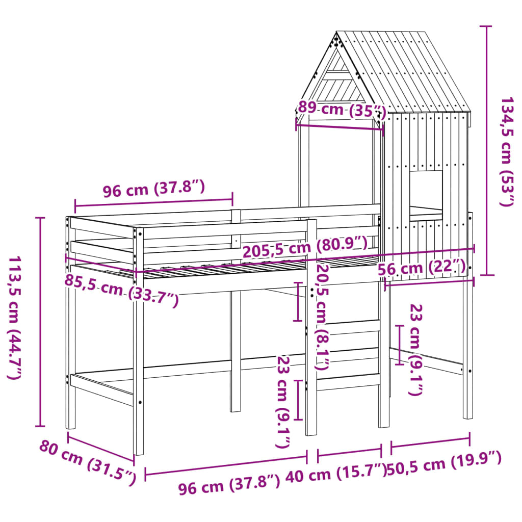 vidaXL Køyeseng med stige og tak 80x200 cm heltre furu