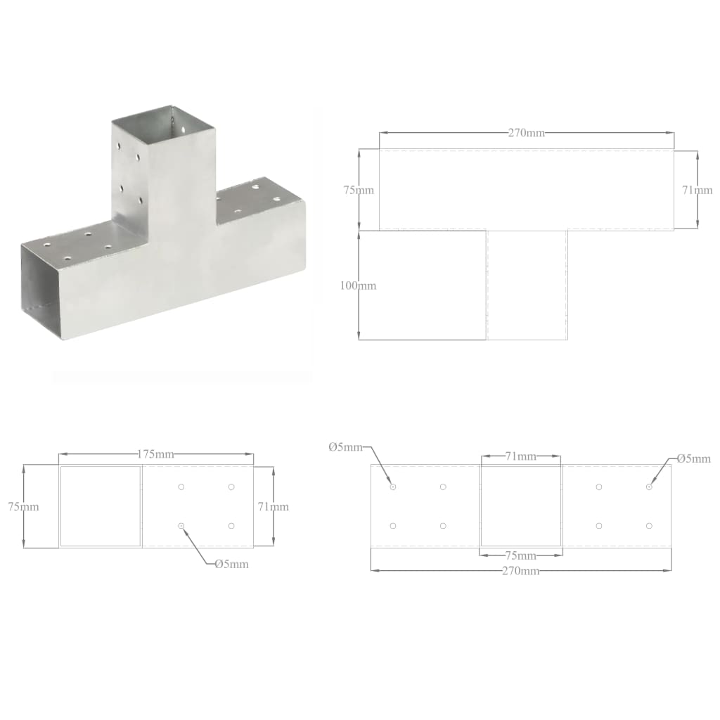 vidaXL Stolpesko T-form galvanisert metall 71x71 mm