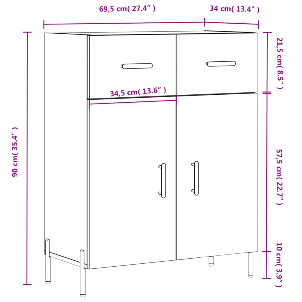 vidaXL Skjenk hvit 69,5x34x90 cm konstruert tre