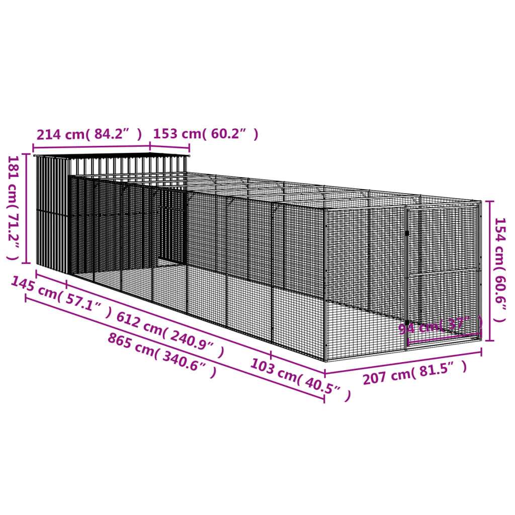 vidaXL Hundehus med gård antrasitt 214x865x181 cm galvanisert stål