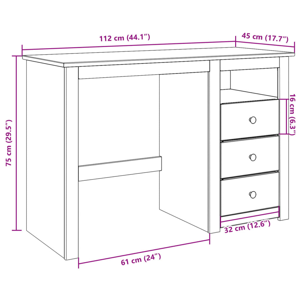 vidaXL Skrivebord Panama 112x45x75 cm heltre furu