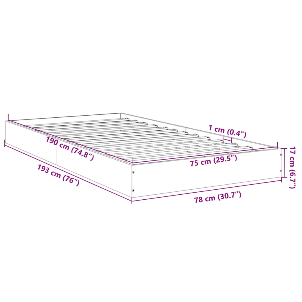 vidaXL Sengeramme hvit 75x190 cm konstruert tre