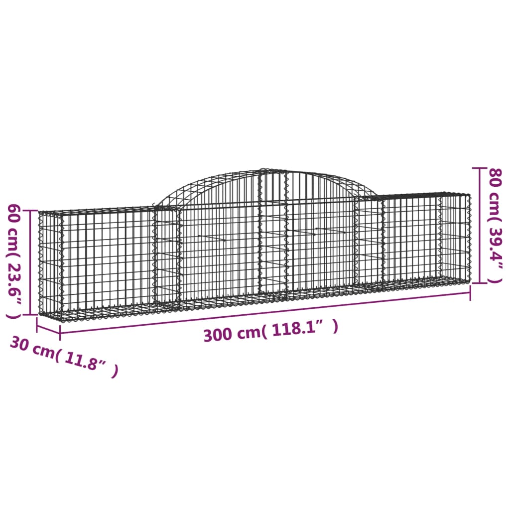 vidaXL Gabionkurver buede 9 stk 300x30x60/80 cm galvanisert jern