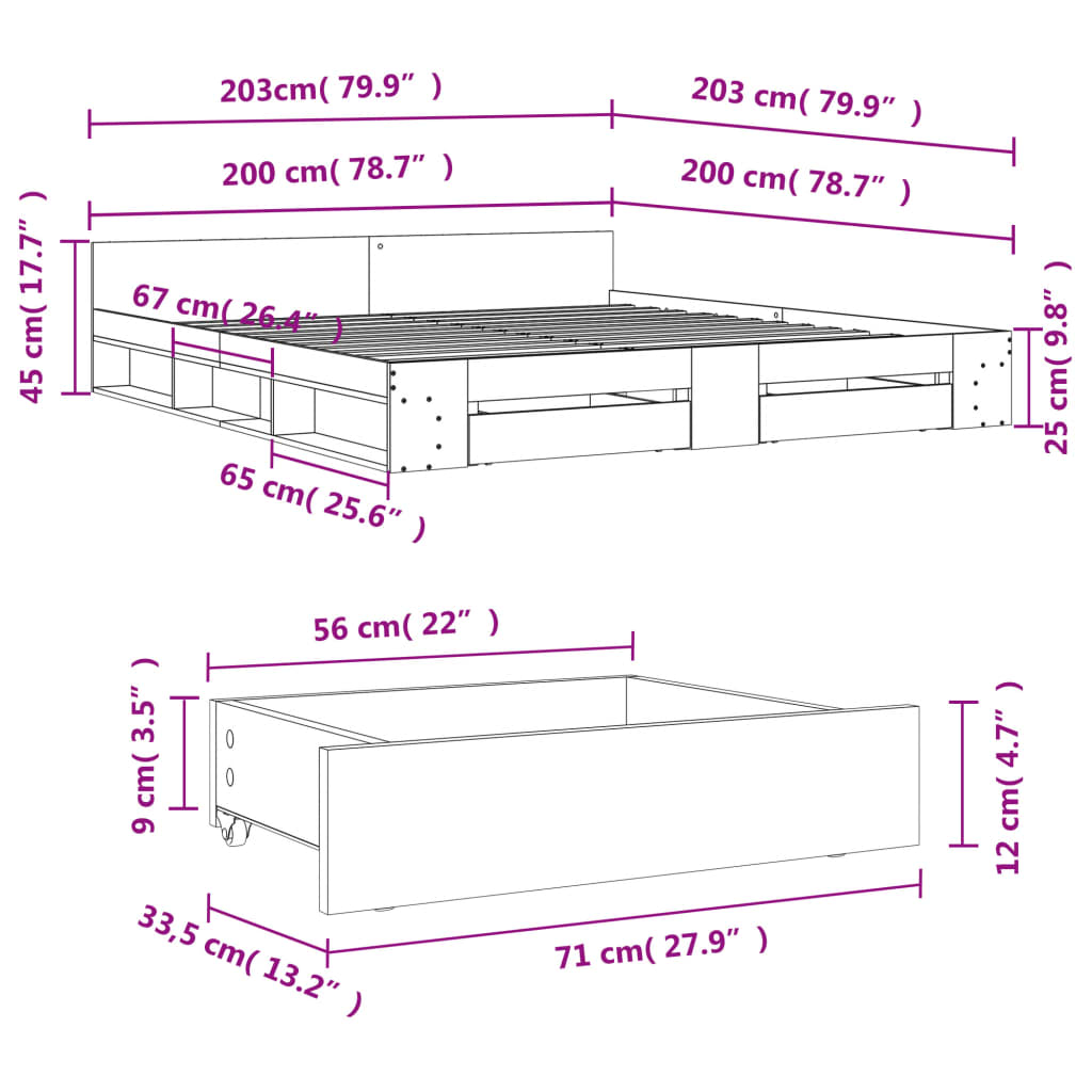 vidaXL Sengeramme med skuffer hvit 200x200 cm konstruert tre