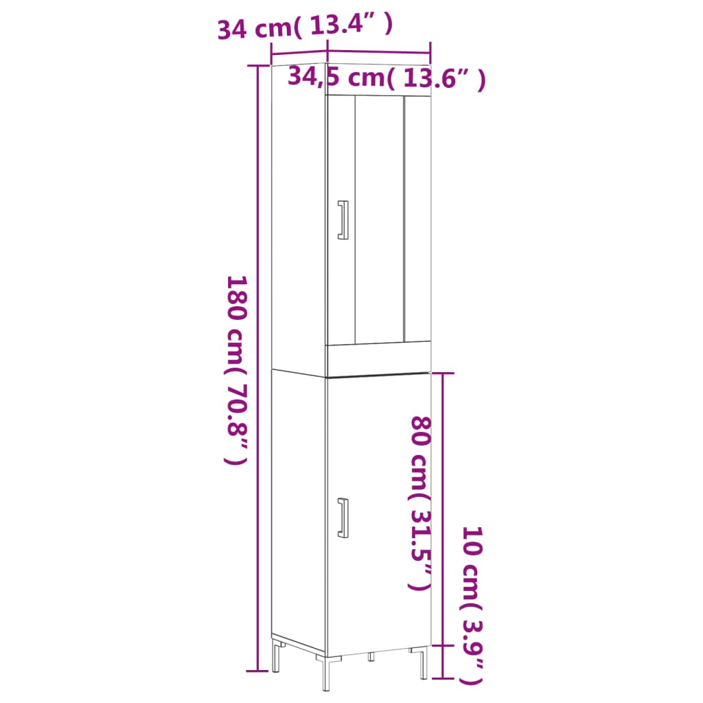 vidaXL Highboard brun eik 34,5x34x180 cm konstruert tre