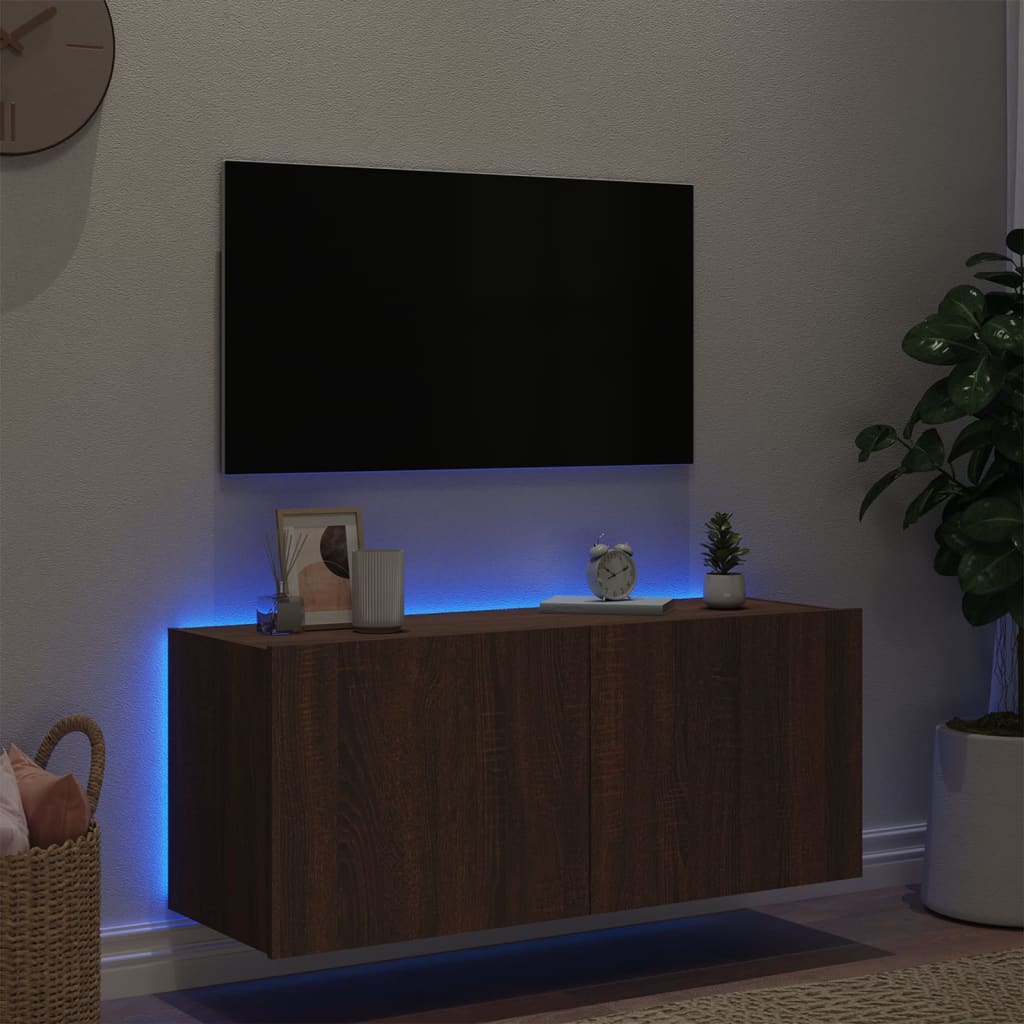 vidaXL Vegghengt TV-benk med LED brun eik 100x35x41 cm