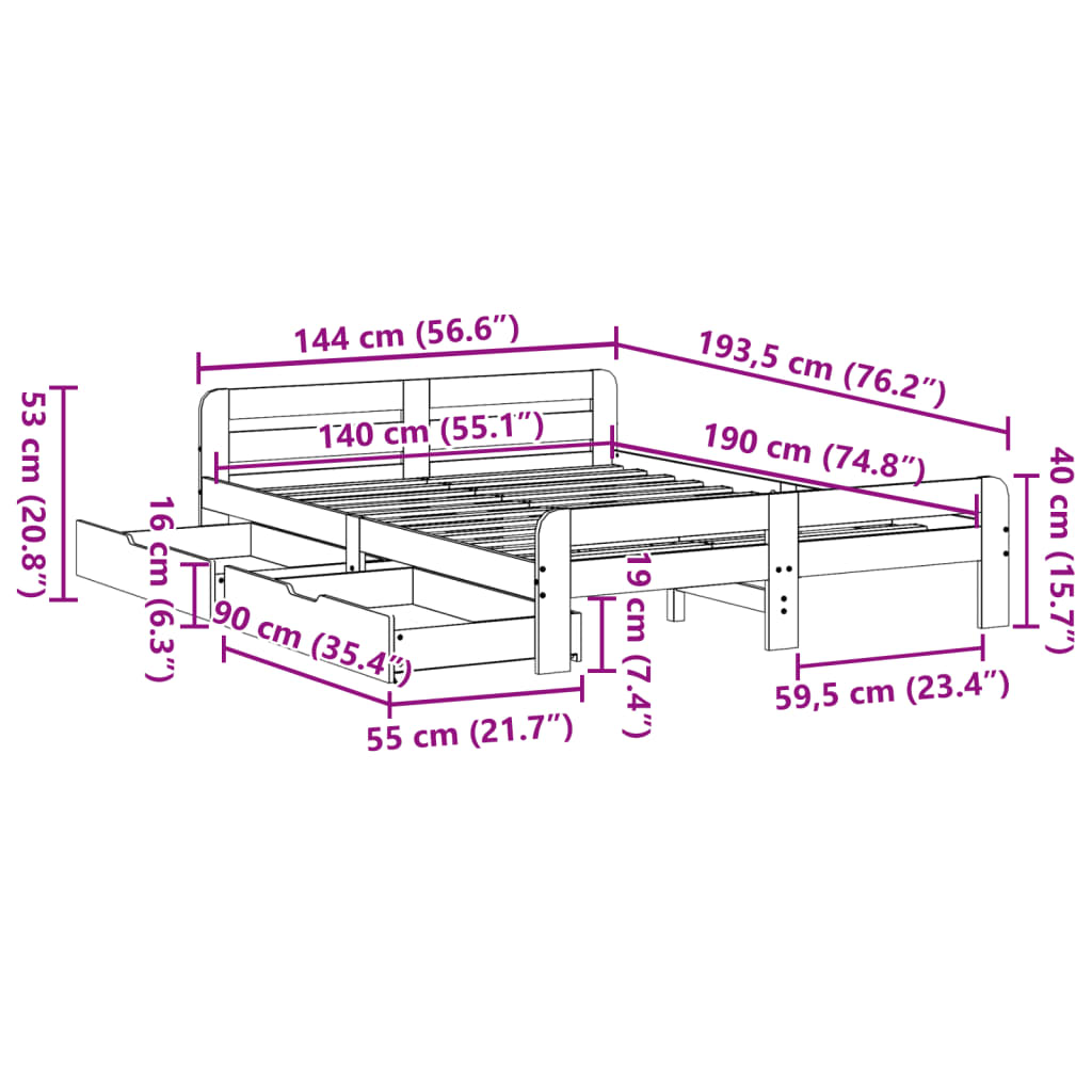 vidaXL Sengeramme uten madrass 140x190 cm heltre furu