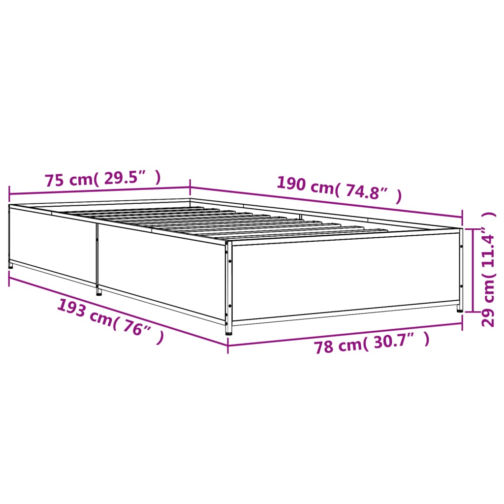 vidaXL Sengeramme sonoma eik 75x190 cm konstruert tre og metall