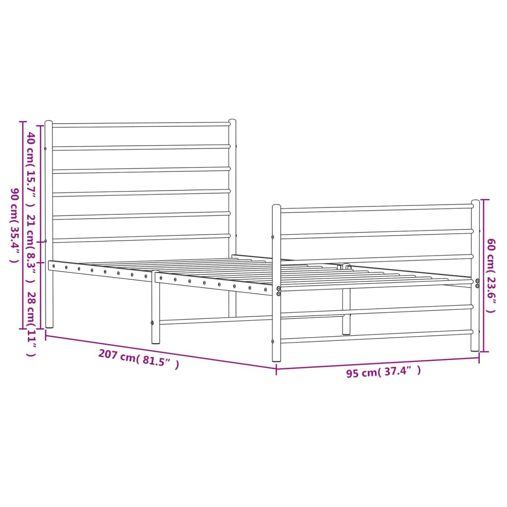 vidaXL Sengeramme i metall med hode- og fotgavl hvit 90x200 cm