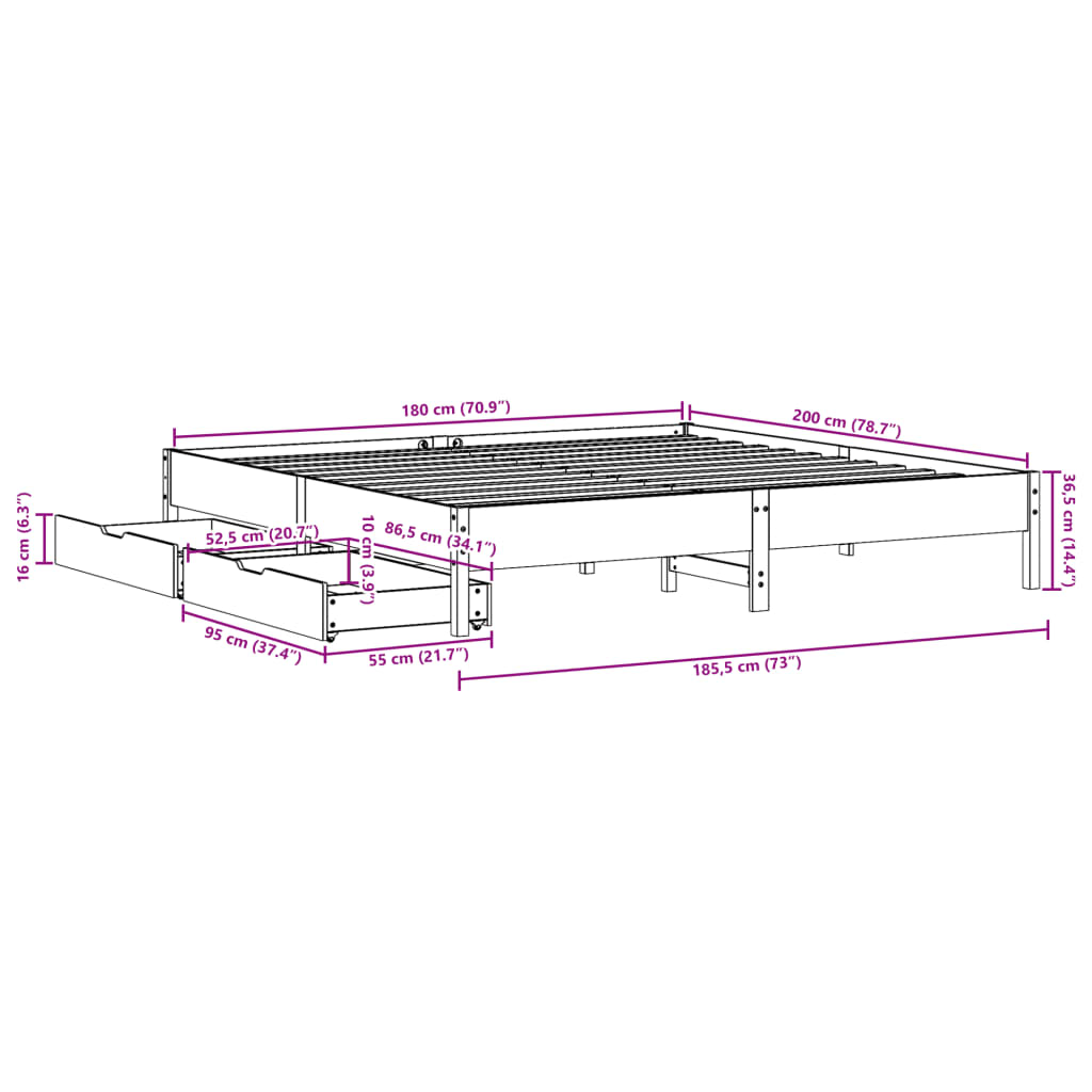 vidaXL Sengeramme uten madrass hvit 180x200 cm heltre furu