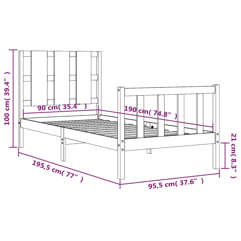 vidaXL Sengeramme med hodegavl hvit 90x190 cm heltre