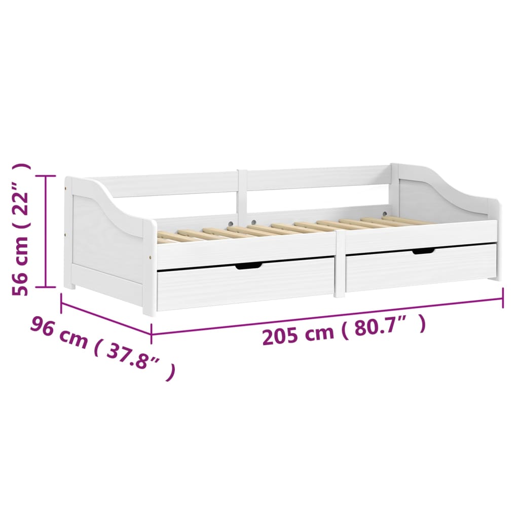 vidaXL Dagseng med 2 skuffer IRUN hvit 90x200 cm heltre furu