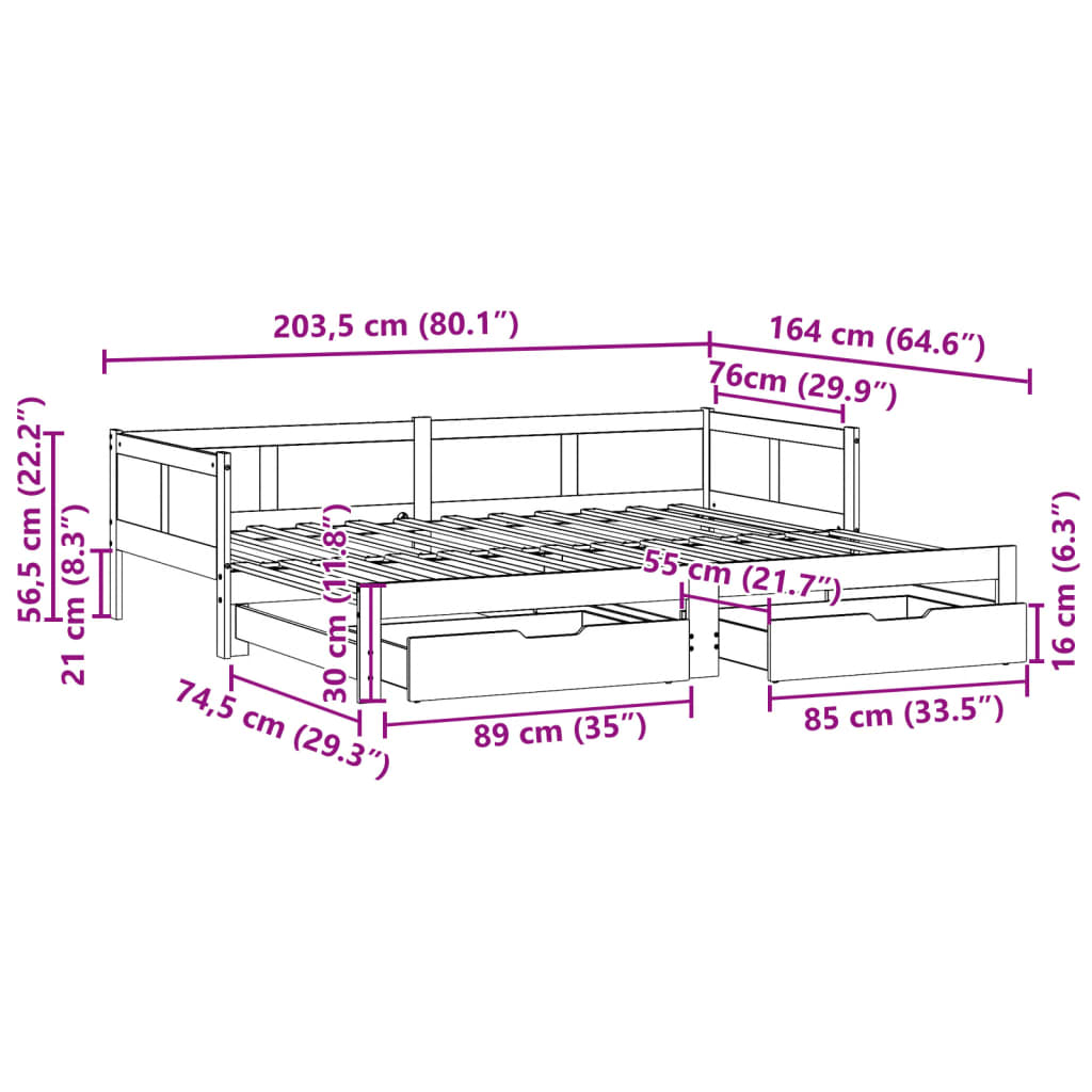 vidaXL Uttrekkbar dagseng med skuffer hvit 80x200 cm heltre furu