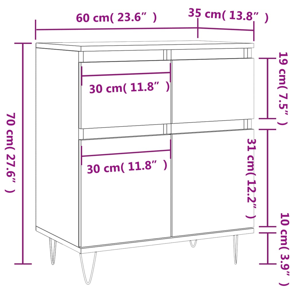 vidaXL Skjenk betonggrå 60x35x70 cm konstruert tre