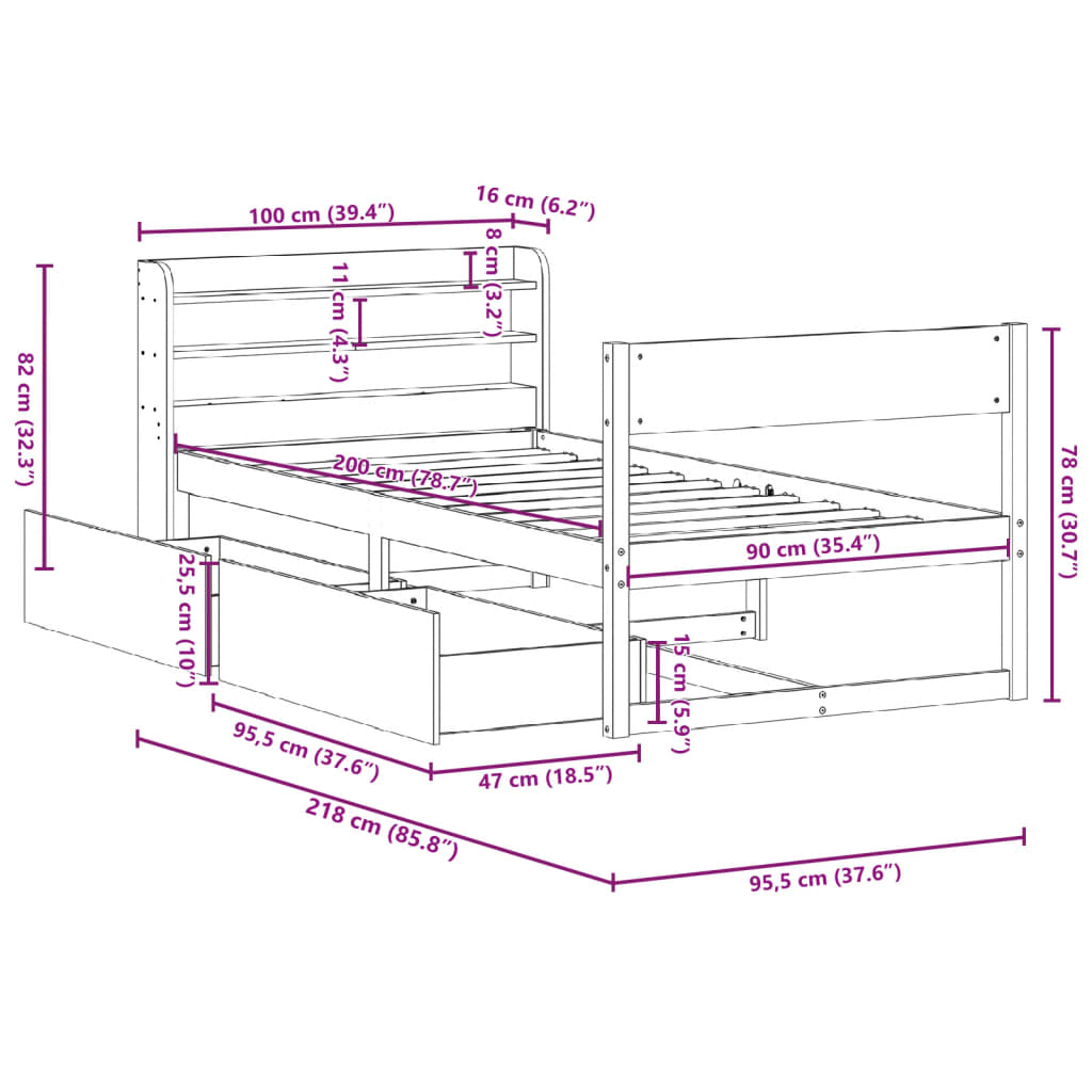 vidaXL Sengeramme uten madrass hvit 90x200 cm heltre furu