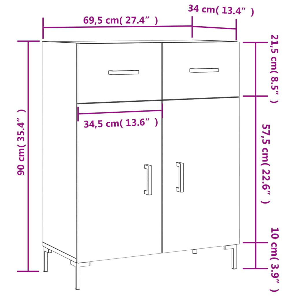 vidaXL Skjenk høyglans hvit 69,5x34x90 cm konstruert tre