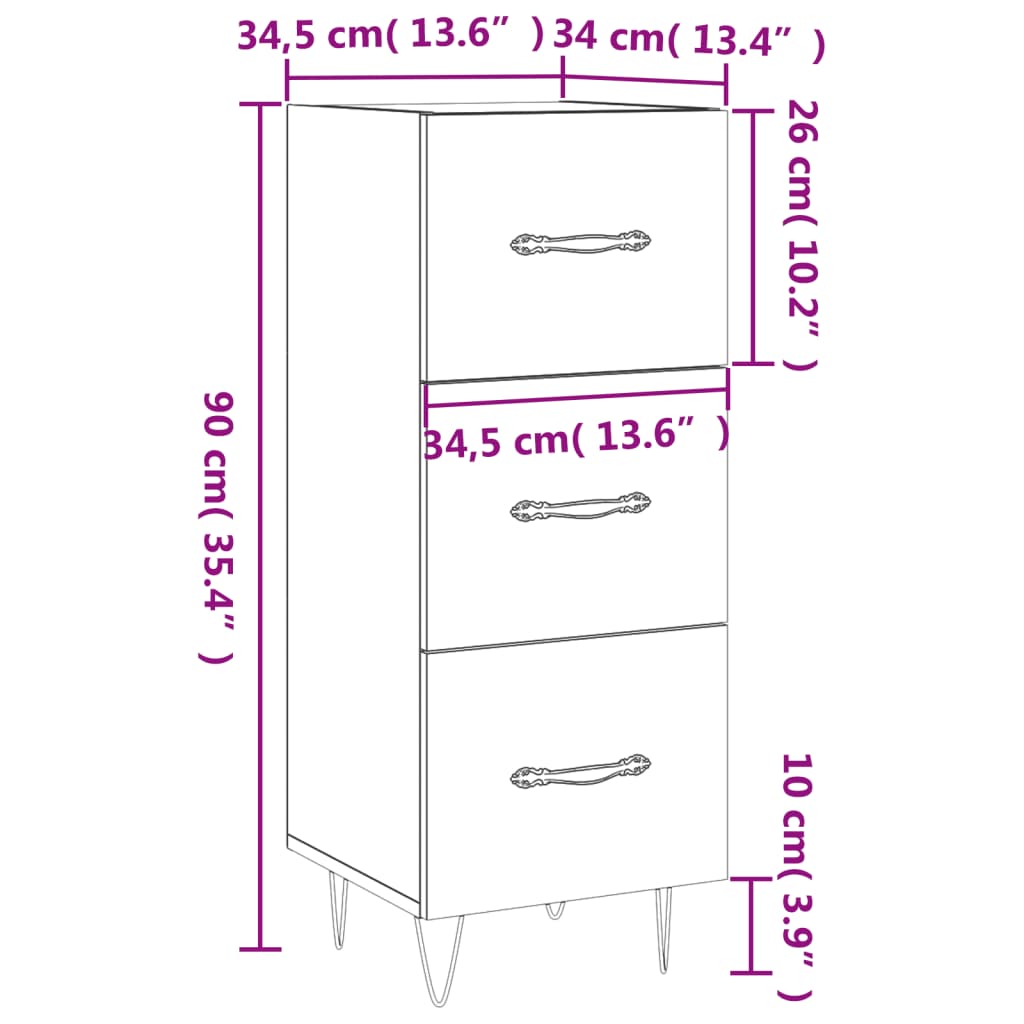 vidaXL Skjenk hvit 34,5x34x90 cm konstruert tre