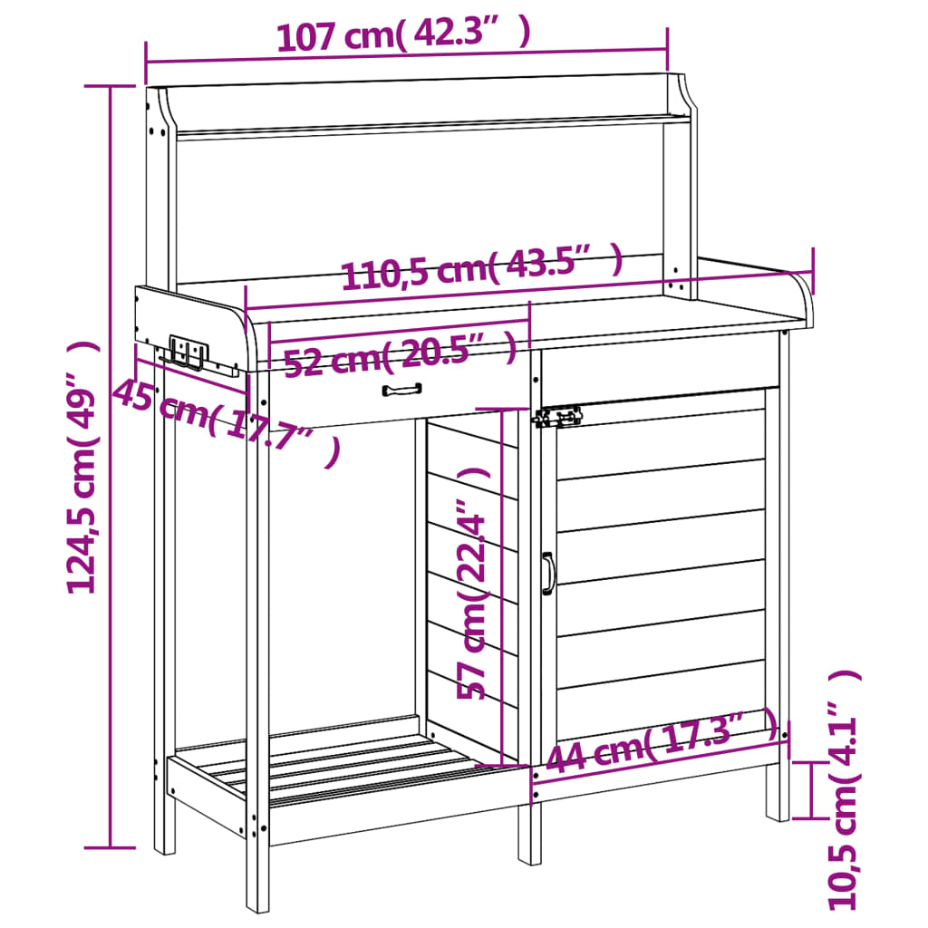 vidaXL Pottebord med skap 110,5x45x124,5 cm heltre gran