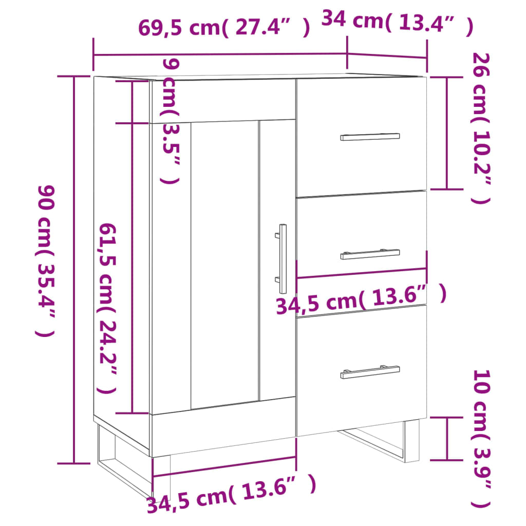 vidaXL Skjenk betonggrå 69,5x34x90 cm konstruert tre