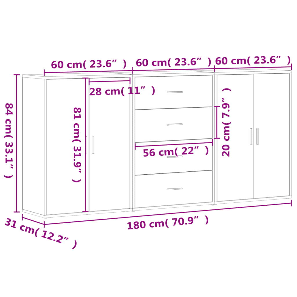 vidaXL Skjenker 3 stk svart 60x31x84 cm konstruert tre