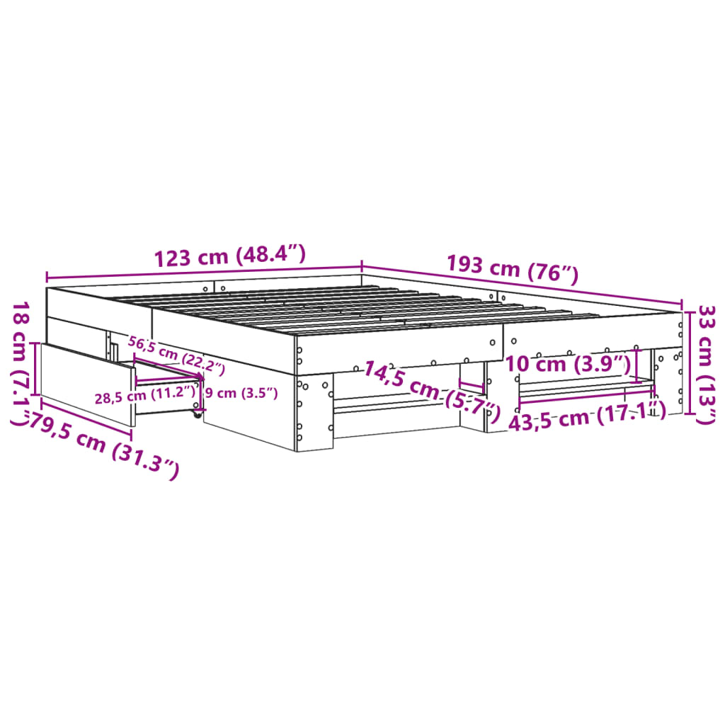 vidaXL Sengeramme uten madrass røkt eik 120x190 cm konstruert tre