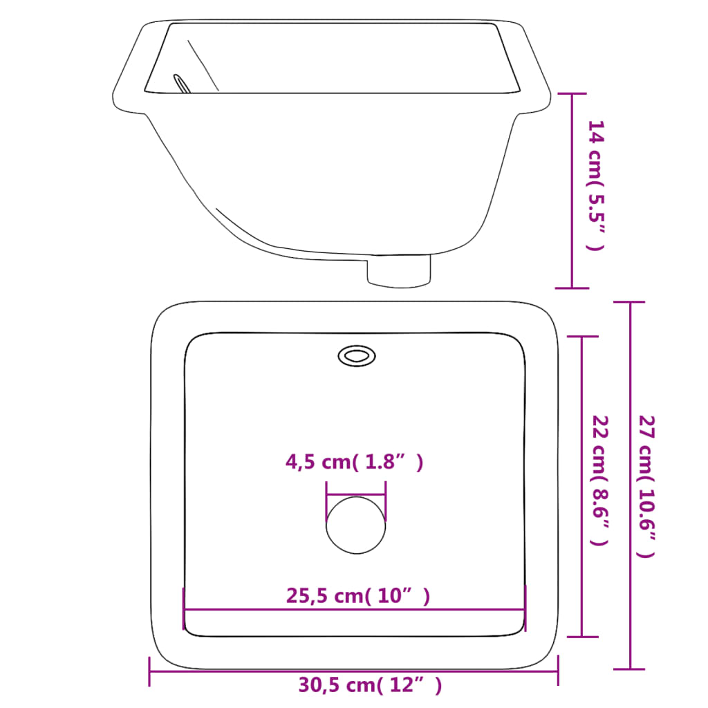 vidaXL Baderomsvask hvit 30,5x27x14 cm rektangulær keramikk