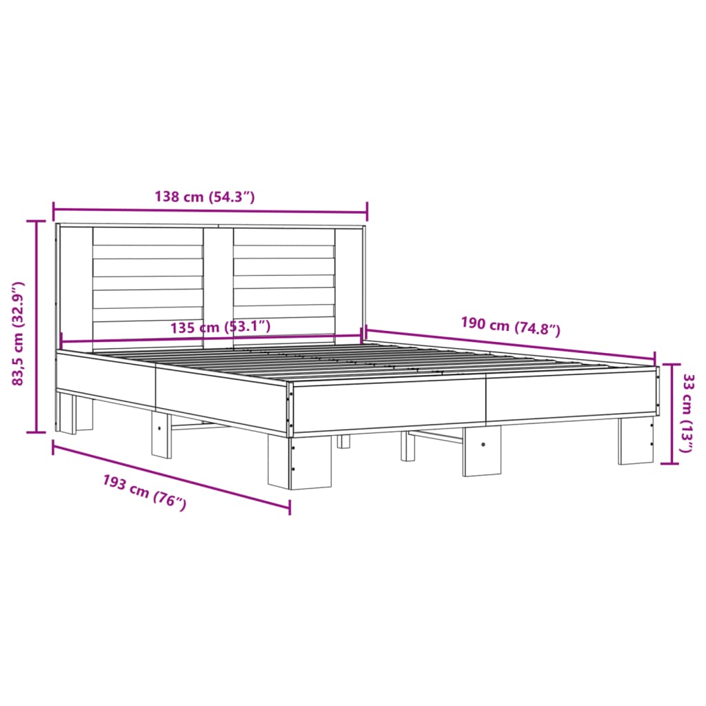 vidaXL Sengeramme sonoma eik 135x190 cm konstruert tre og metall