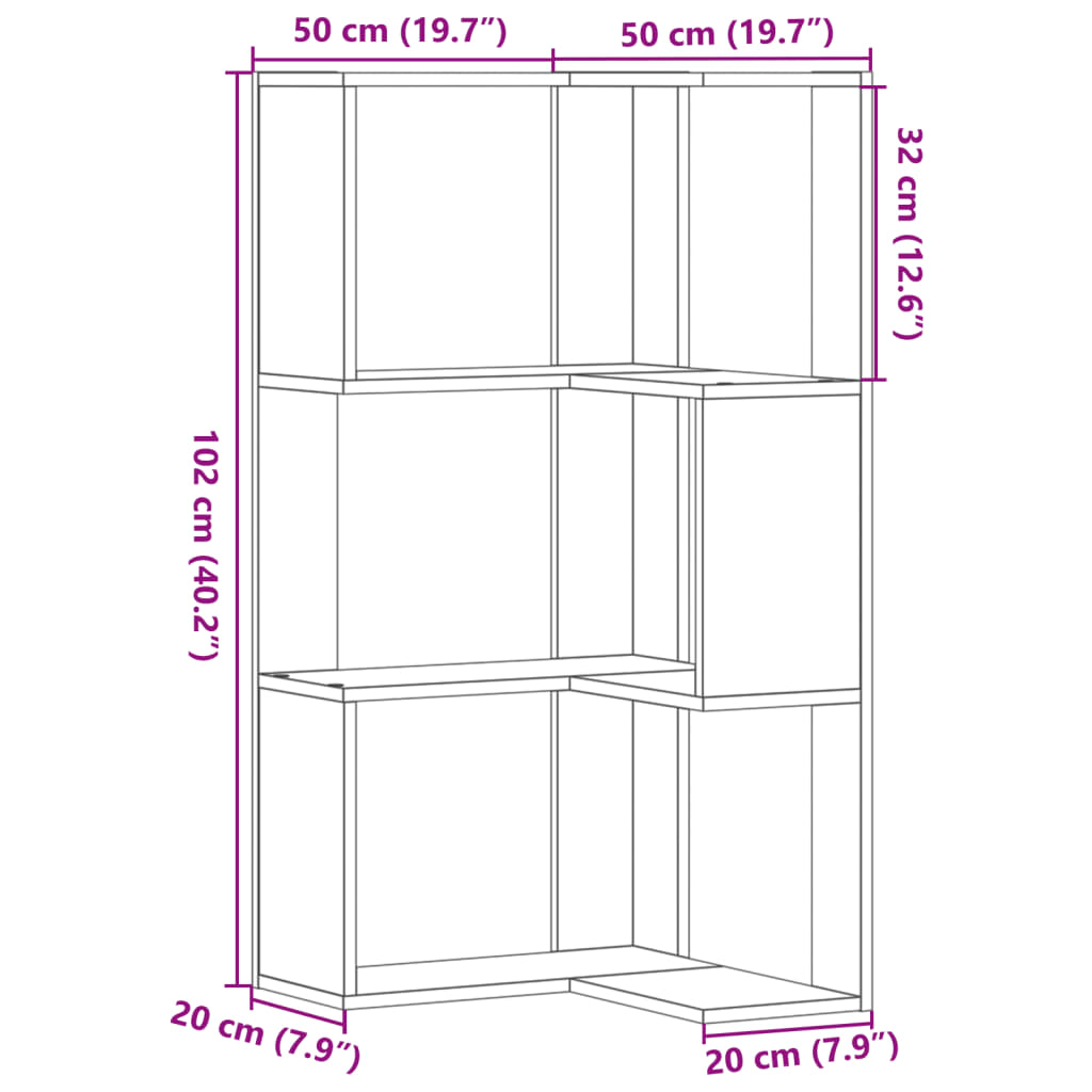 vidaXL Bokhylle 3 etasjer grå sonoma 50x50x102 cm konstruert tre